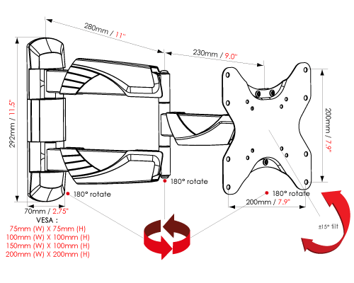 Full Motion Single Arm Cantilever Bracket Version 3 (A445BLK)