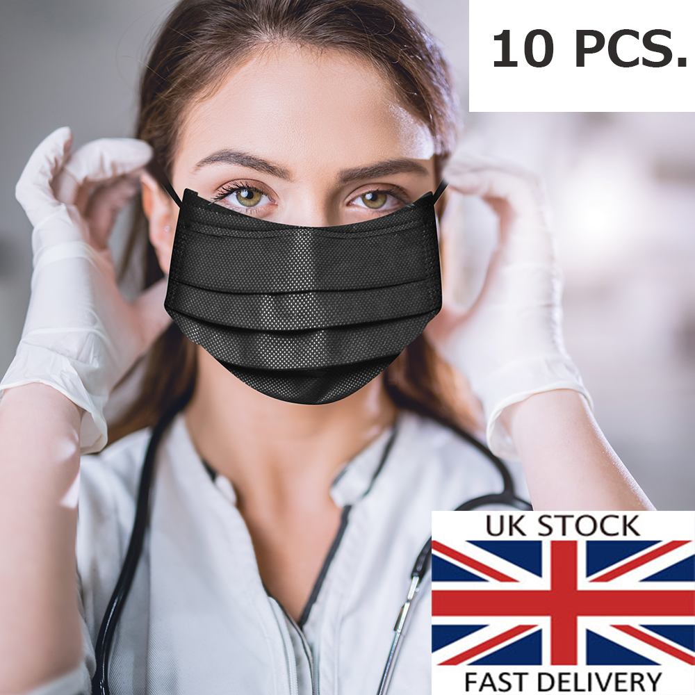 10 x FLU MASK BLK 10 x Face Mask  **Black** with Ear Loops - Surgical/Medical/Viral Masks